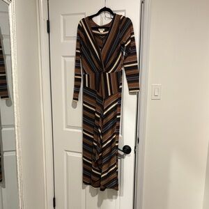 Anthropologie Maeve Chevron Long Sleeve Dress - Brown, Black, Cream